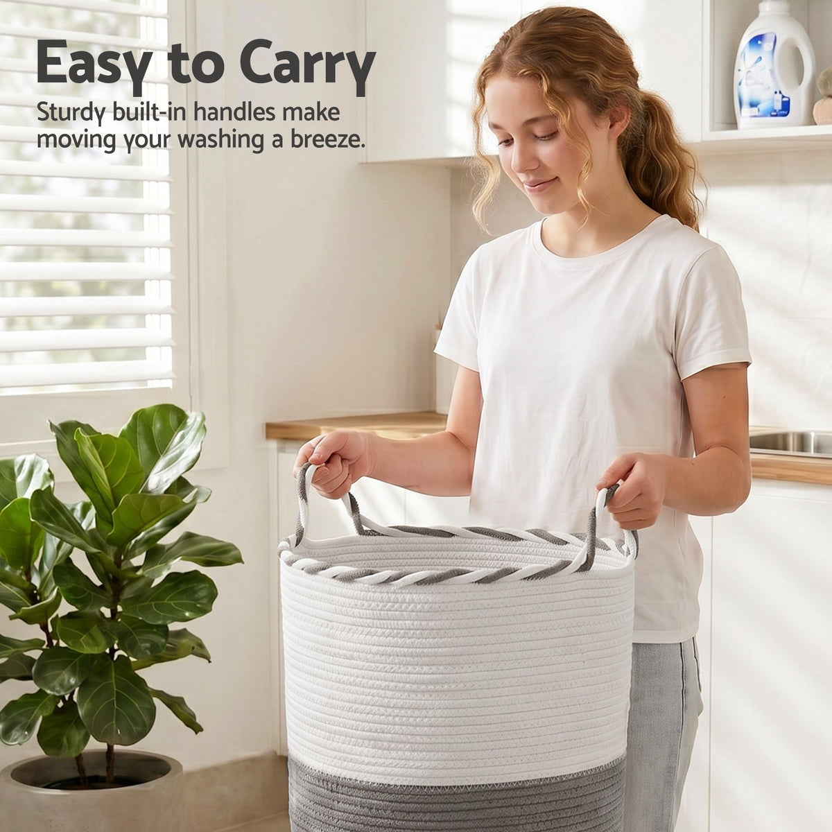 Artiss Woven Laundry Basket with handles Foldable White & Grey