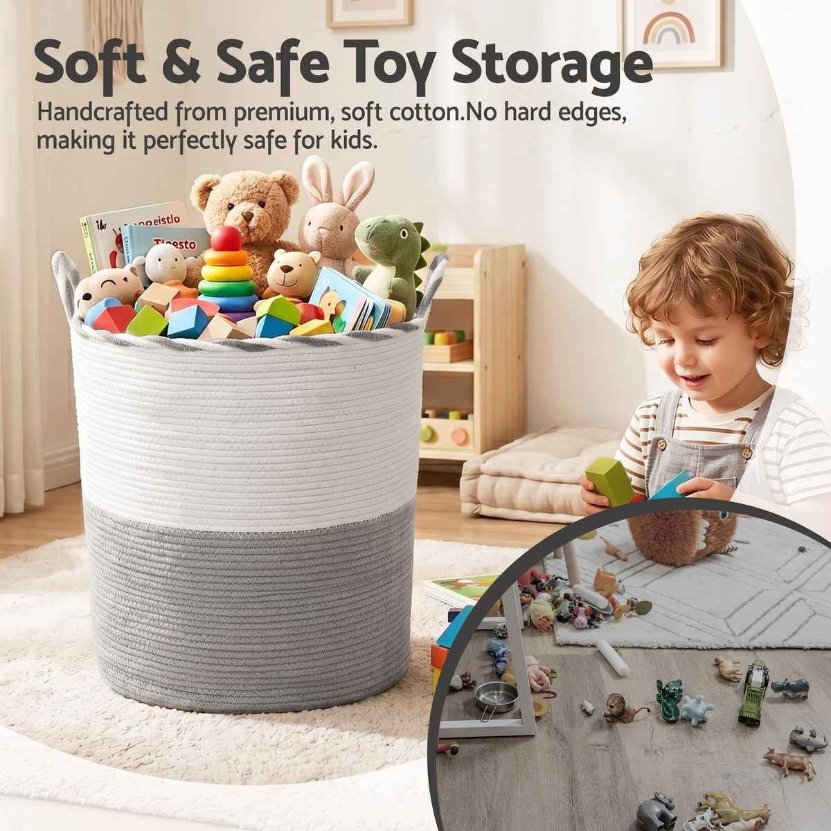 Artiss Woven Laundry Basket with handles Foldable White & Grey