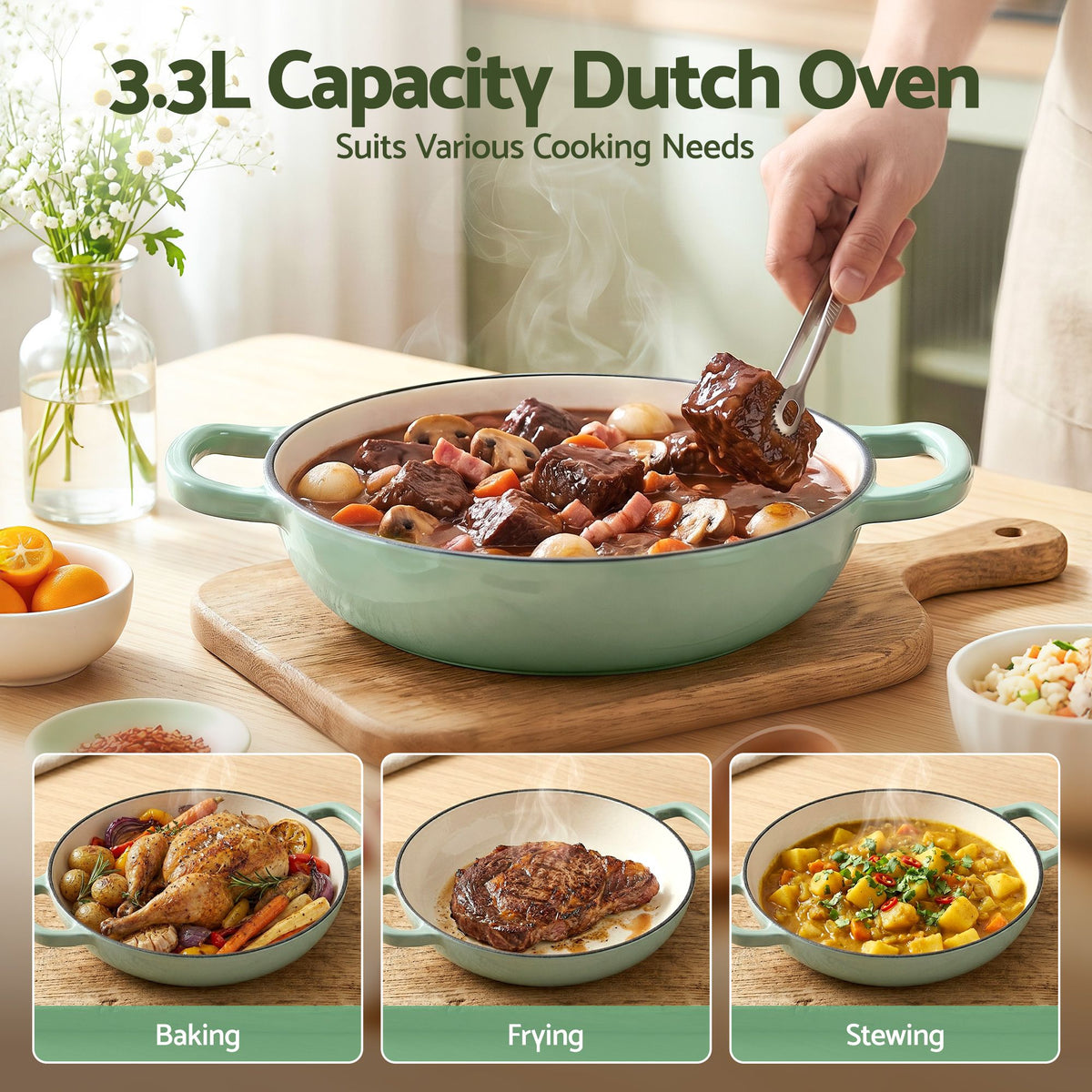 5-Star Chef 3.3L Enameled Cast Iron Dutch Oven Pot with Lid for - DTO-PAN-GN
