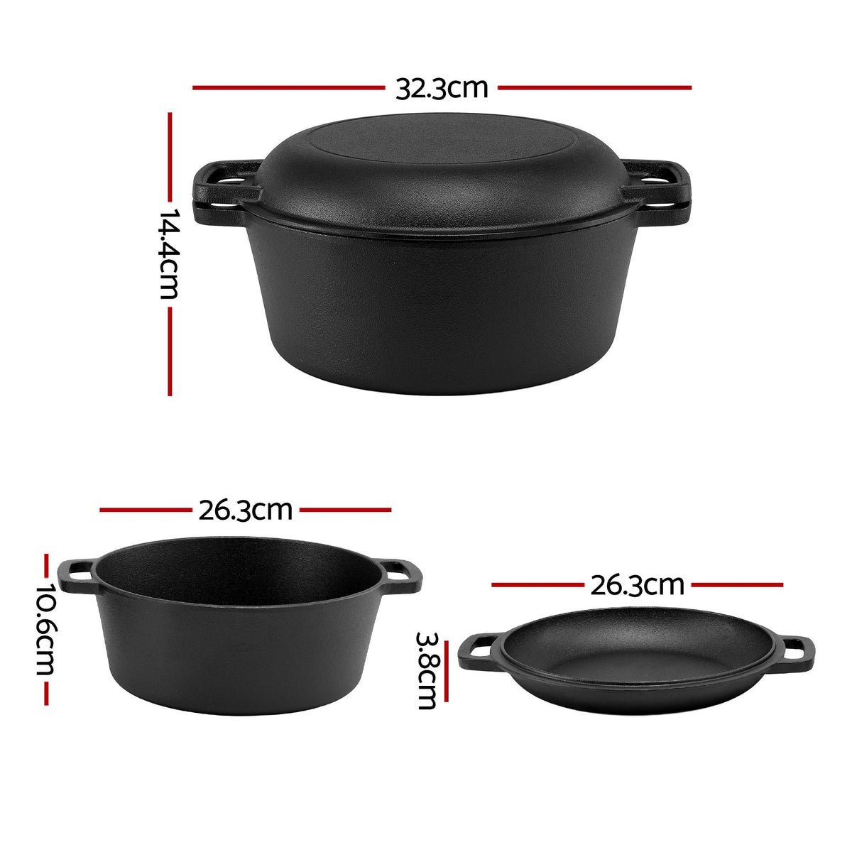 5-Star Chef 5L 2-In-1 Pre-Seasoned Cast Iron Dutch Oven Pot - DTO-POT-2IN1-BK