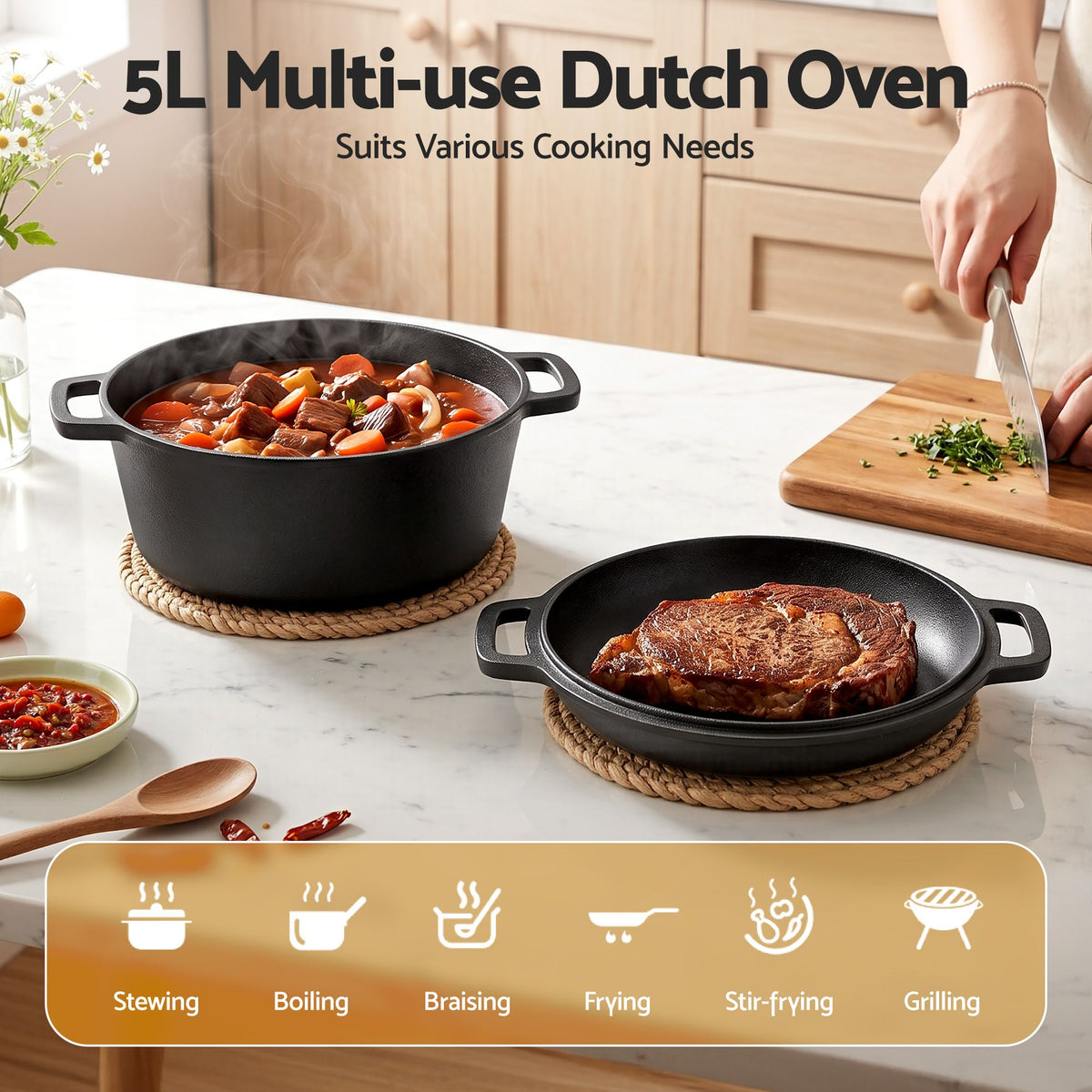 5-Star Chef 5L 2-In-1 Pre-Seasoned Cast Iron Dutch Oven Pot - DTO-POT-2IN1-BK