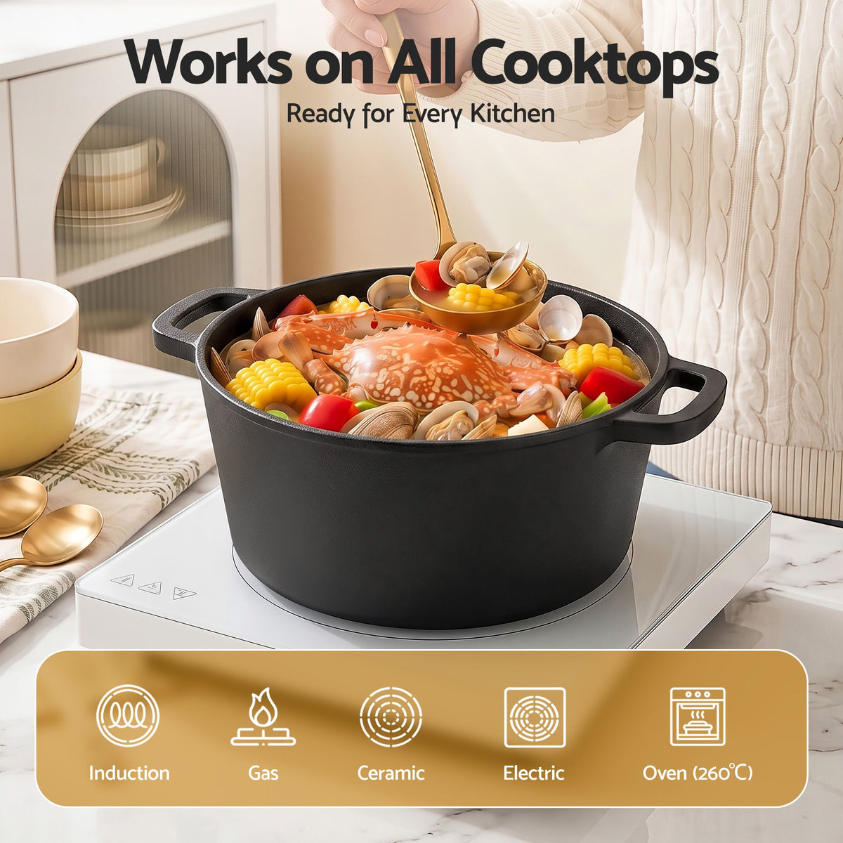 5-Star Chef 5L 2-In-1 Pre-Seasoned Cast Iron Dutch Oven Pot - DTO-POT-2IN1-BK