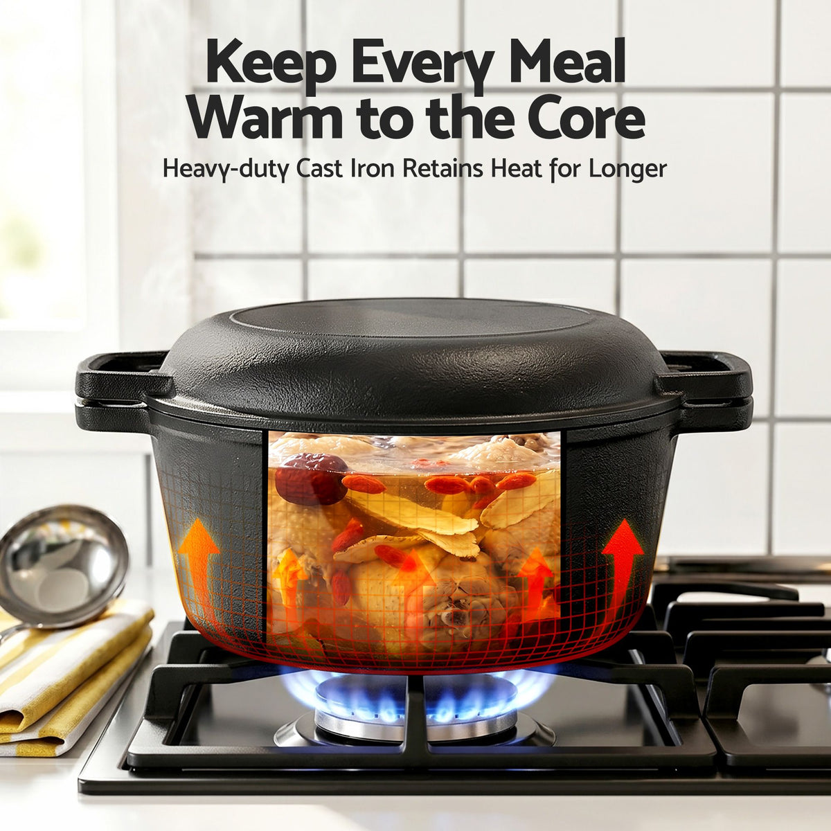 5-Star Chef 5L 2-In-1 Pre-Seasoned Cast Iron Dutch Oven Pot - DTO-POT-2IN1-BK