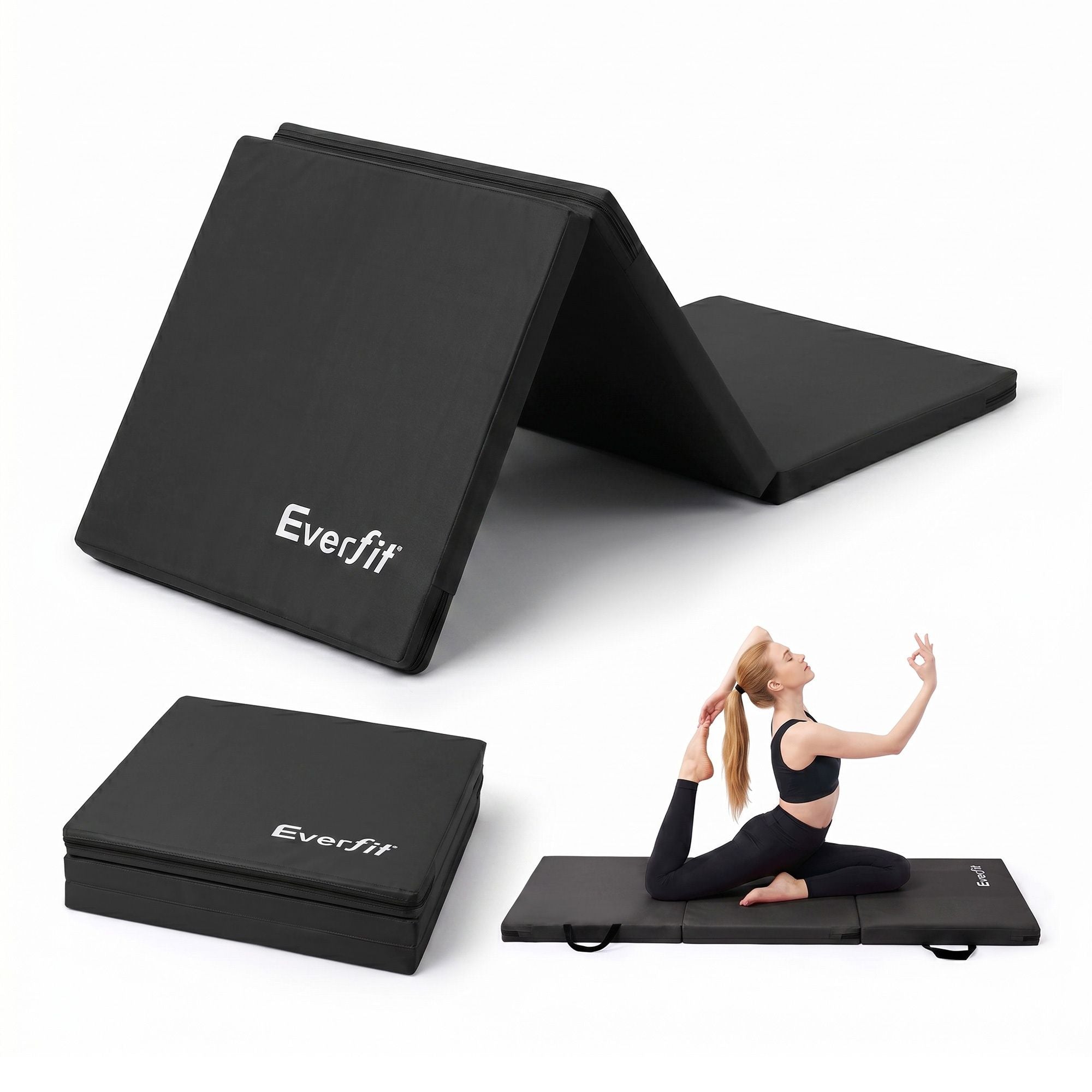 Everfit Gymnastics Mats Folding Exercise Floor Mat Portable 3 Fold Tumbling Mat Black