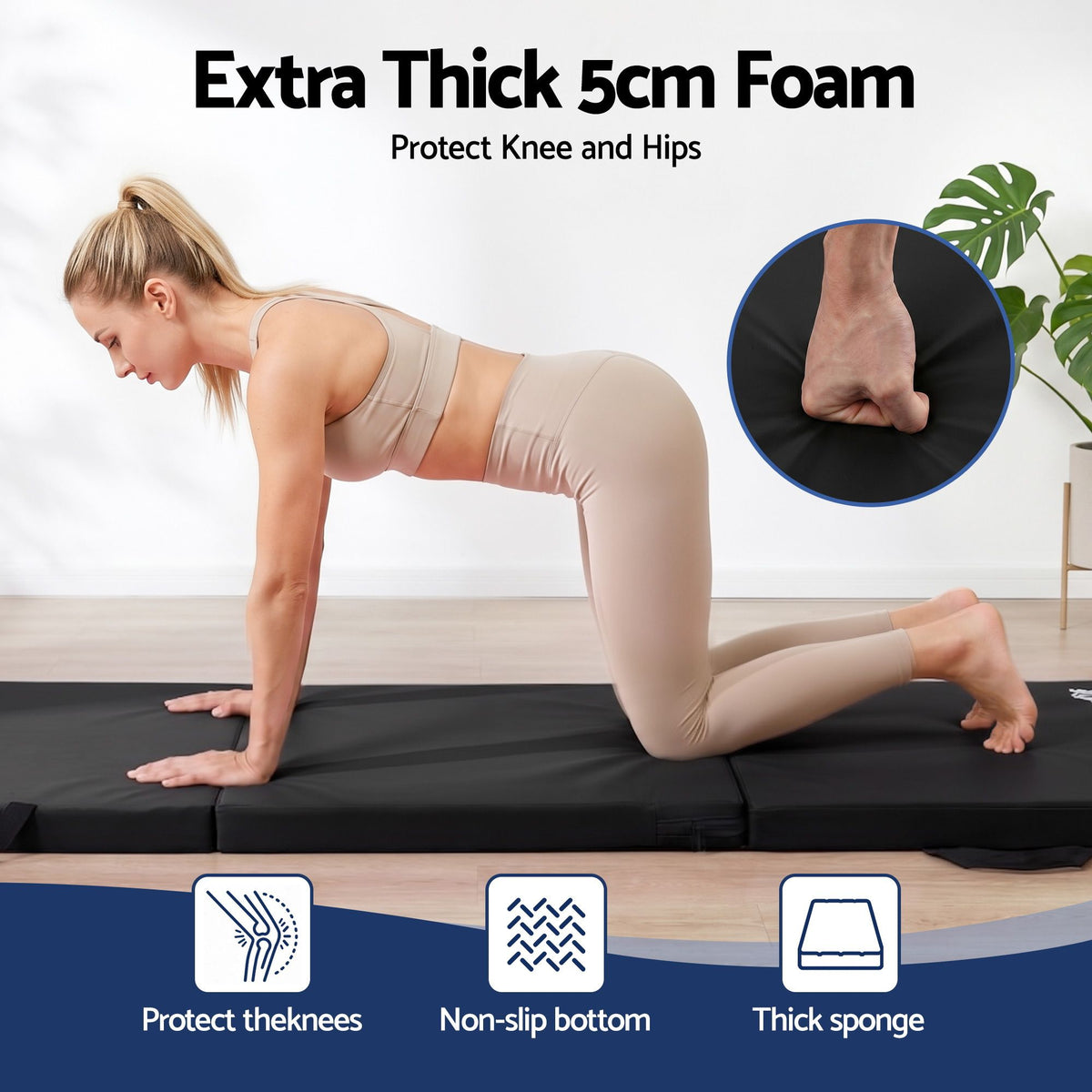 Everfit Gymnastics Mats Folding Exercise Floor Mat Portable 3 Fold Tumbling Mat Black