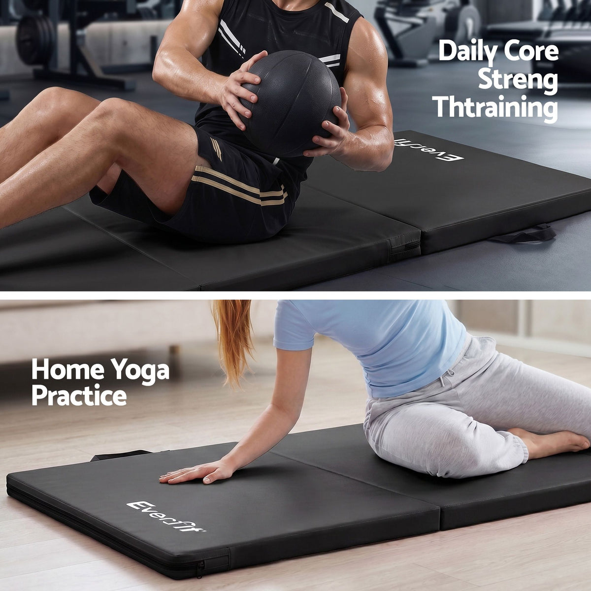 Everfit Gymnastics Mats Folding Exercise Floor Mat Portable 3 Fold Tumbling Mat Black