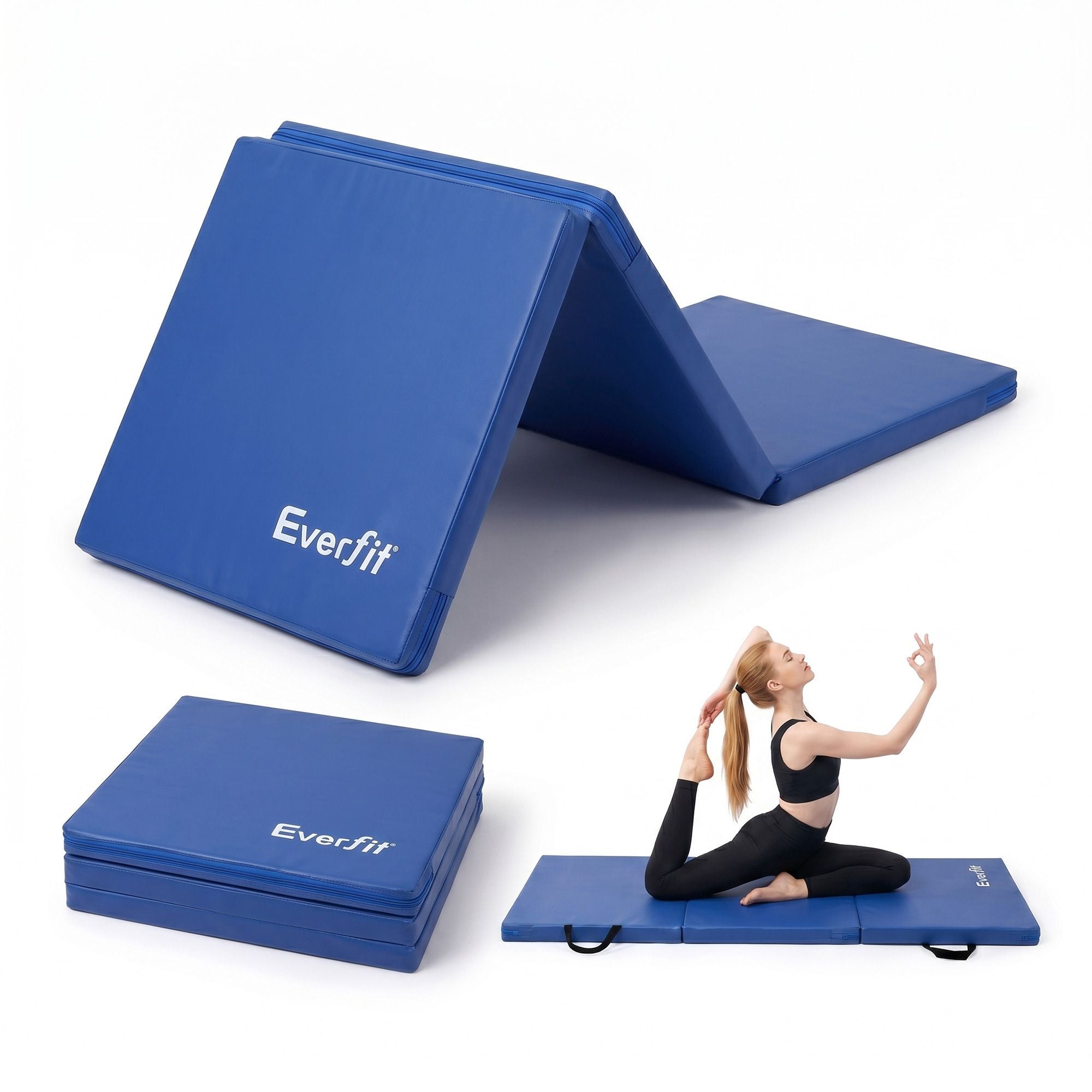 Everfit 180x60cm Gymnastics Mats Folding Exercise Floor Mat Portable 3 Fold Tumbling Mat Blue