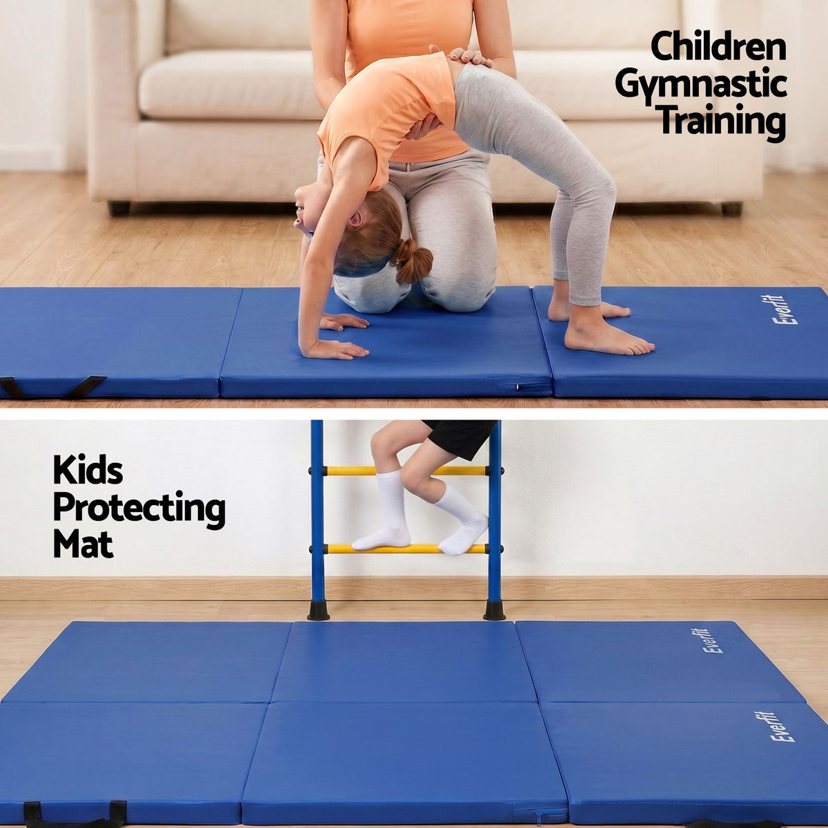Everfit 180x60cm Gymnastics Mats Folding Exercise Floor Mat Portable 3 Fold Tumbling Mat Blue