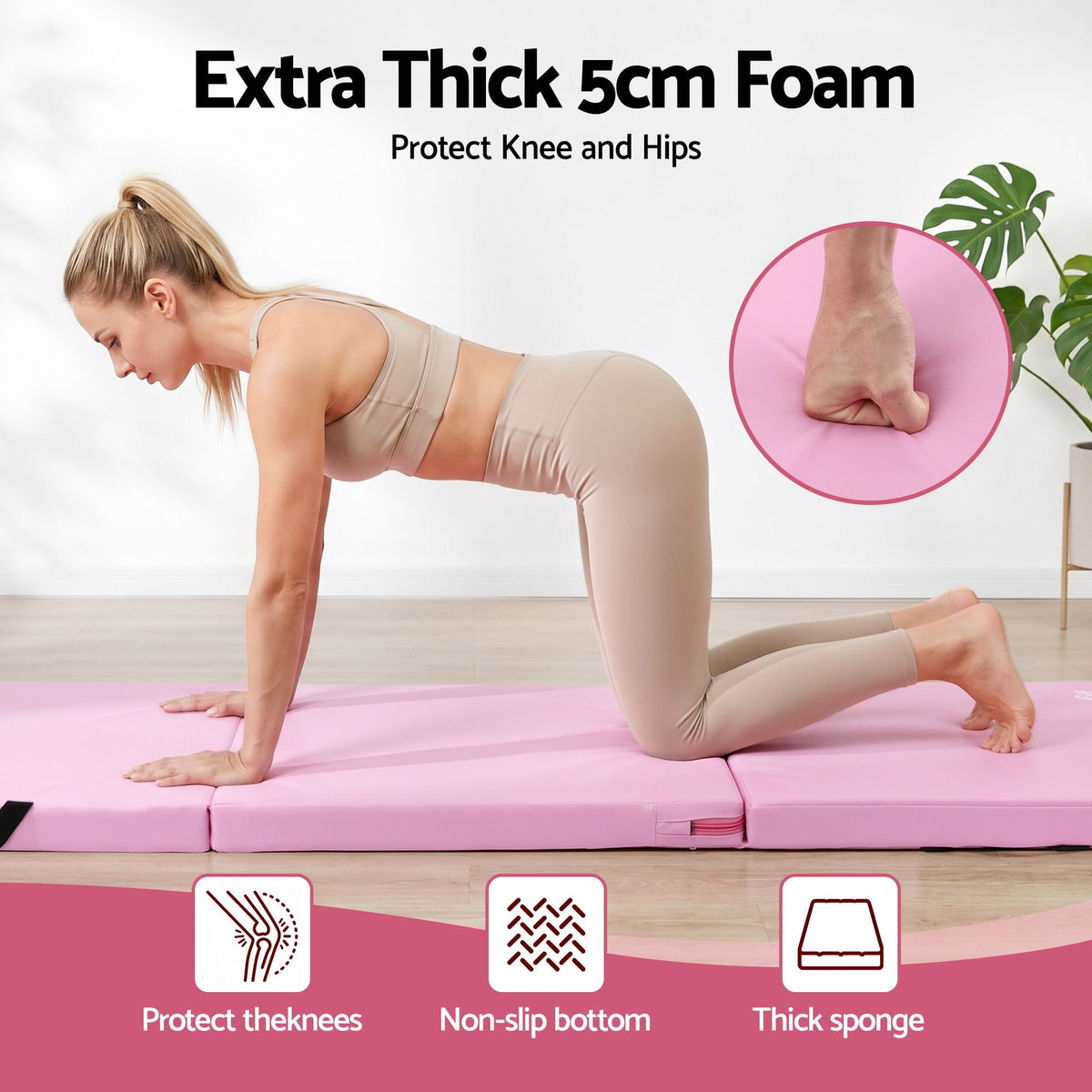 Everfit 180x60cm Gymnastics Mats Folding Exercise Floor Mat Portable 3 Fold Tumbling Mat Pink