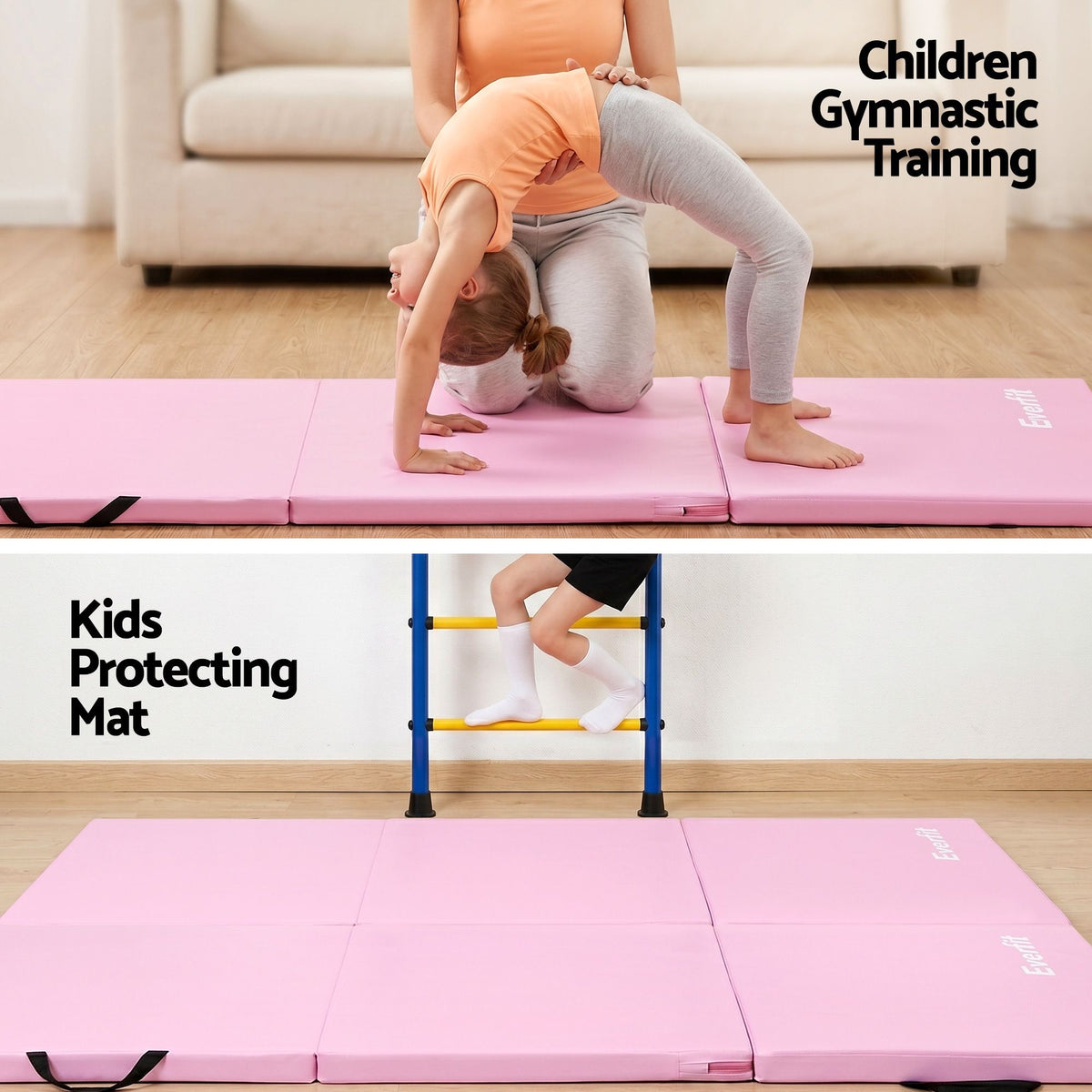 Everfit 180x60cm Gymnastics Mats Folding Exercise Floor Mat Portable 3 Fold Tumbling Mat Pink
