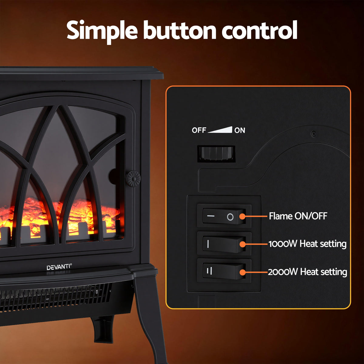 Devanti 2000W Electric Fireplace Heater Stove Freestanding - EFL-D-19C-2000-BK