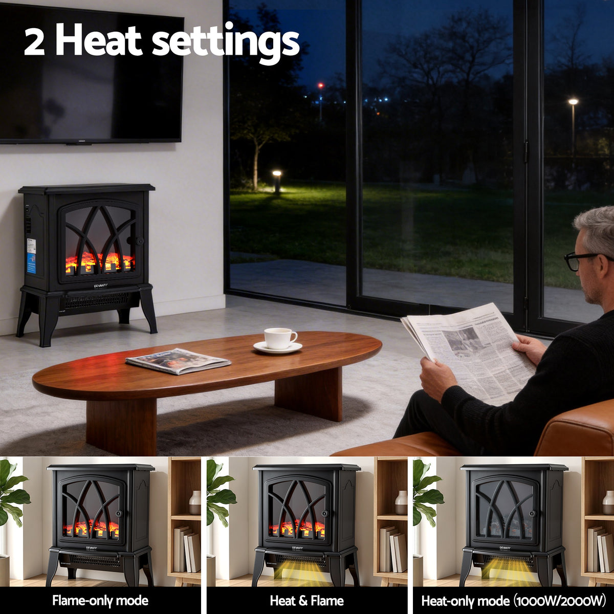 Devanti 2000W Electric Fireplace Heater Stove Freestanding - EFL-D-19C-2000-BK