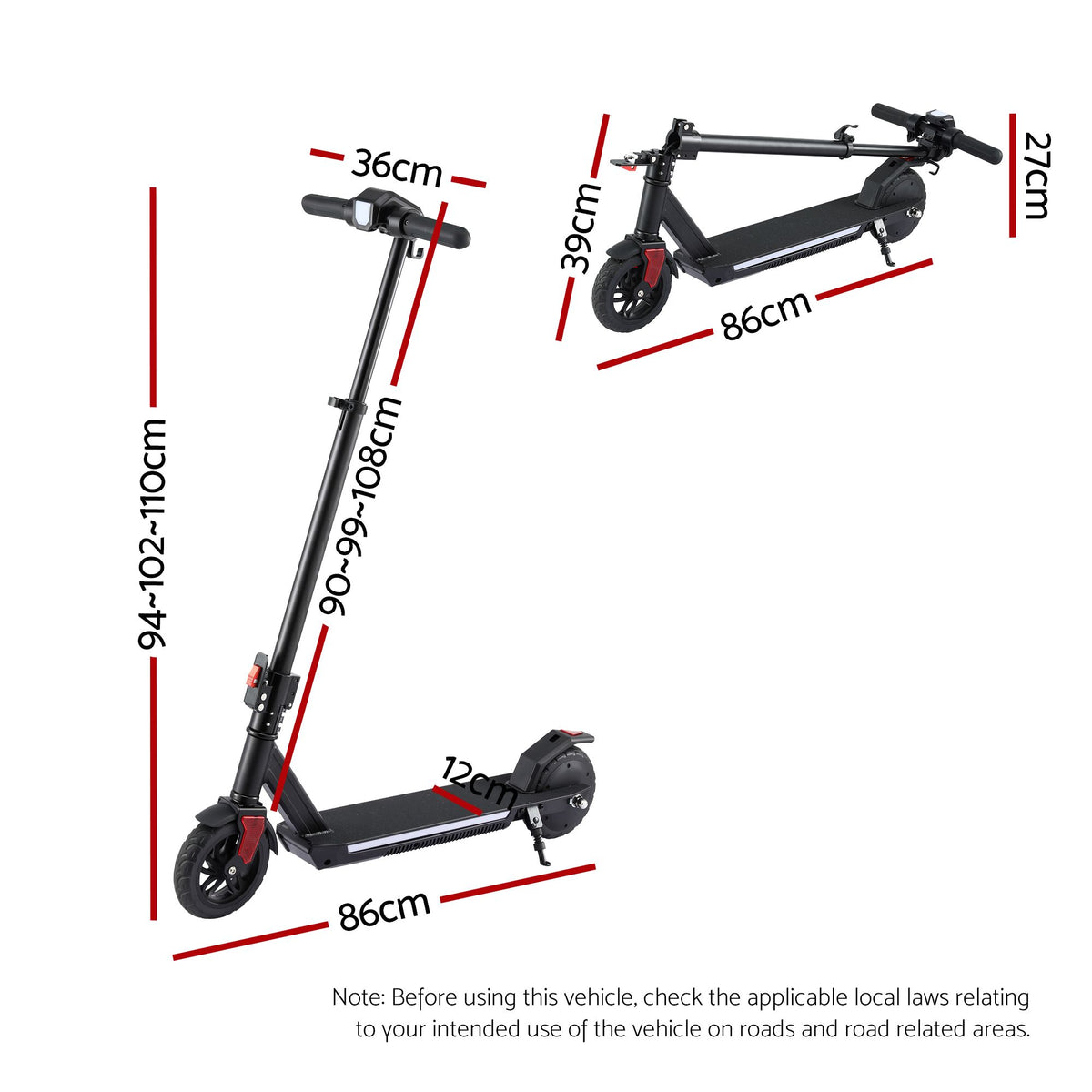 Electric Scooter 180W 18KM/H Foldable Height Adjustable Porta - ESC-180W-H178-BK