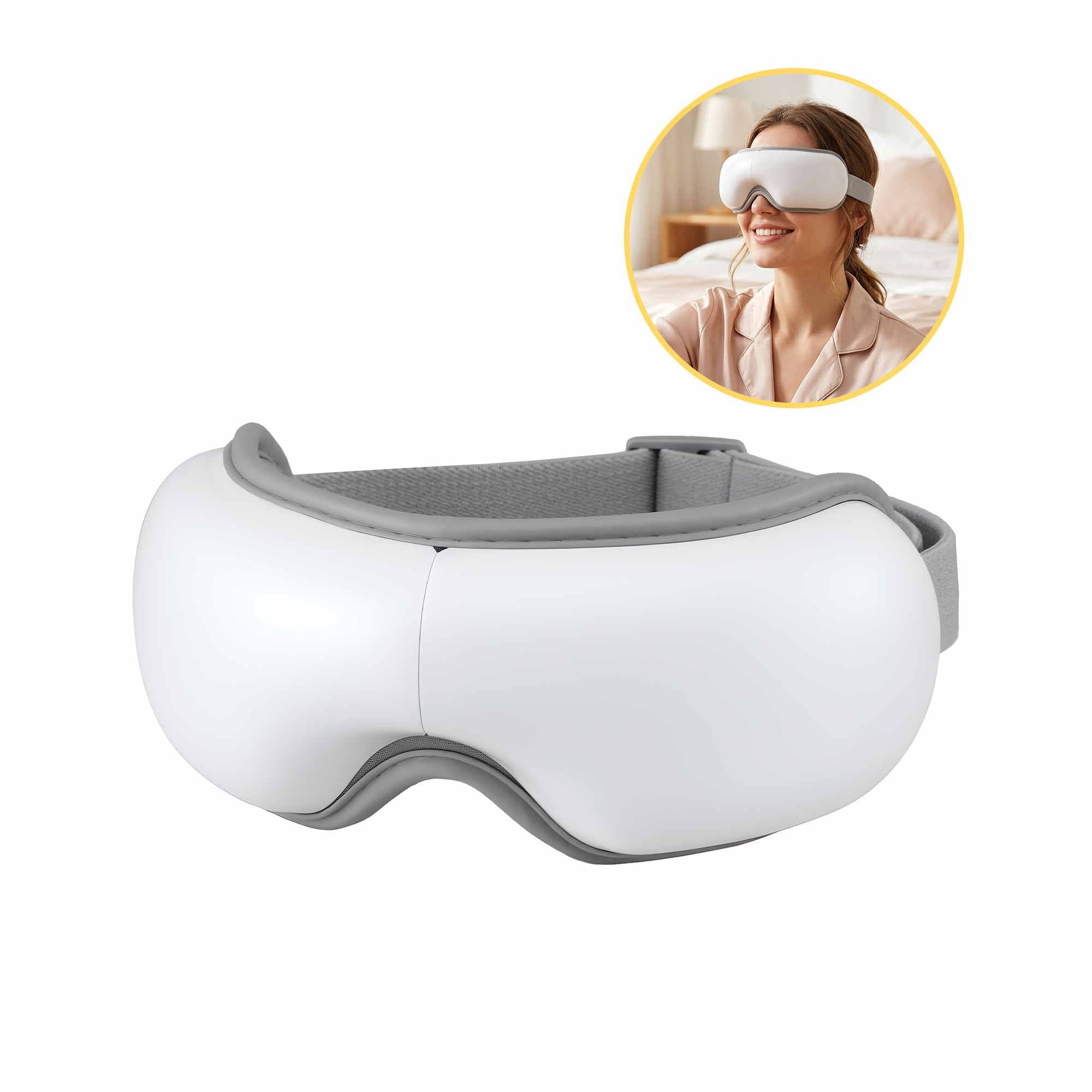 Livemor Eye Massager with Heat & Vibration | 180° Foldable Electric Eye Heat Mask with Bluetooth Music for Fatigue Relief | Rechargeable 3D Wrap-Around Temple Massager, White