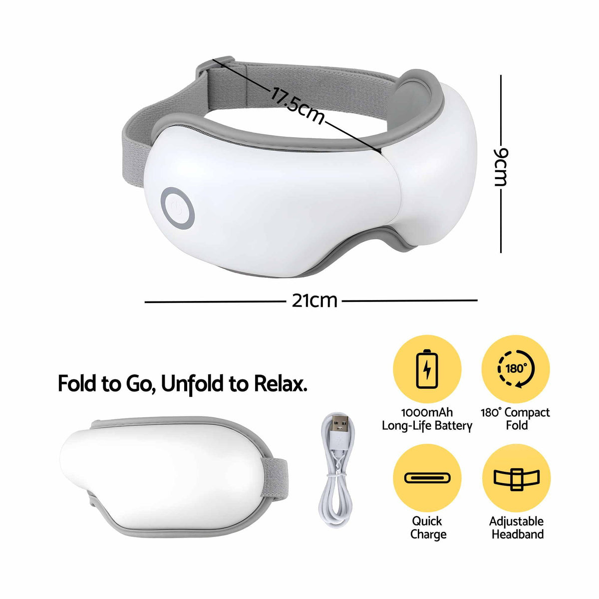 Livemor Eye Massager with Heat & Vibration | 180° Foldable Electric Eye Heat Mask with Bluetooth Music for Fatigue Relief | Rechargeable 3D Wrap-Around Temple Massager, White