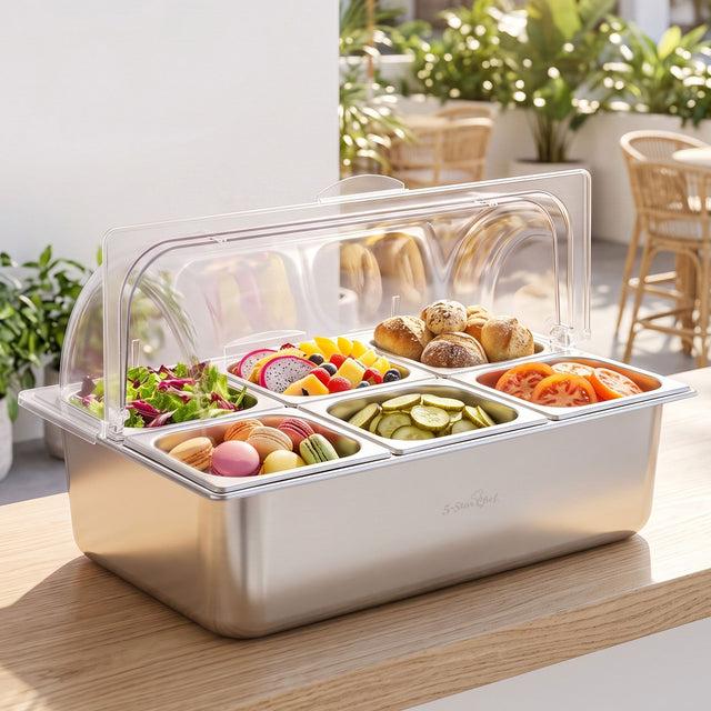 5 Star Chef 6 Display Stainless Steel Cooler Platter Clear Roll Top Cover