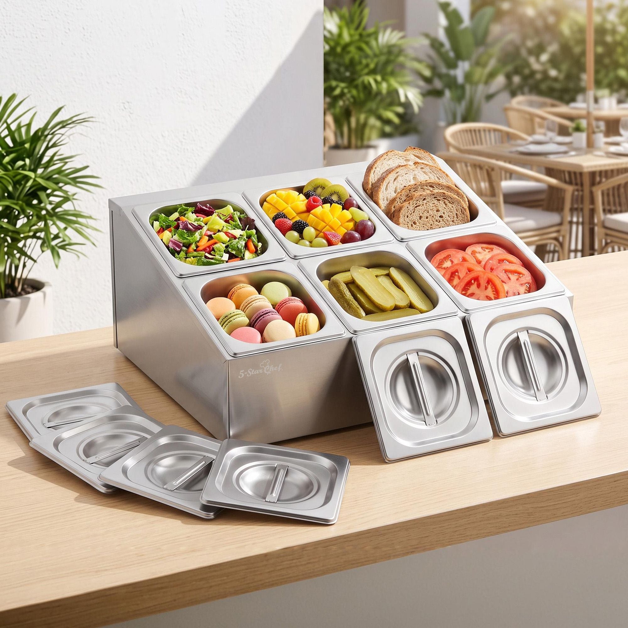 5 Star Chef 6 Pan Food Serving Container Stainless Steel Lids