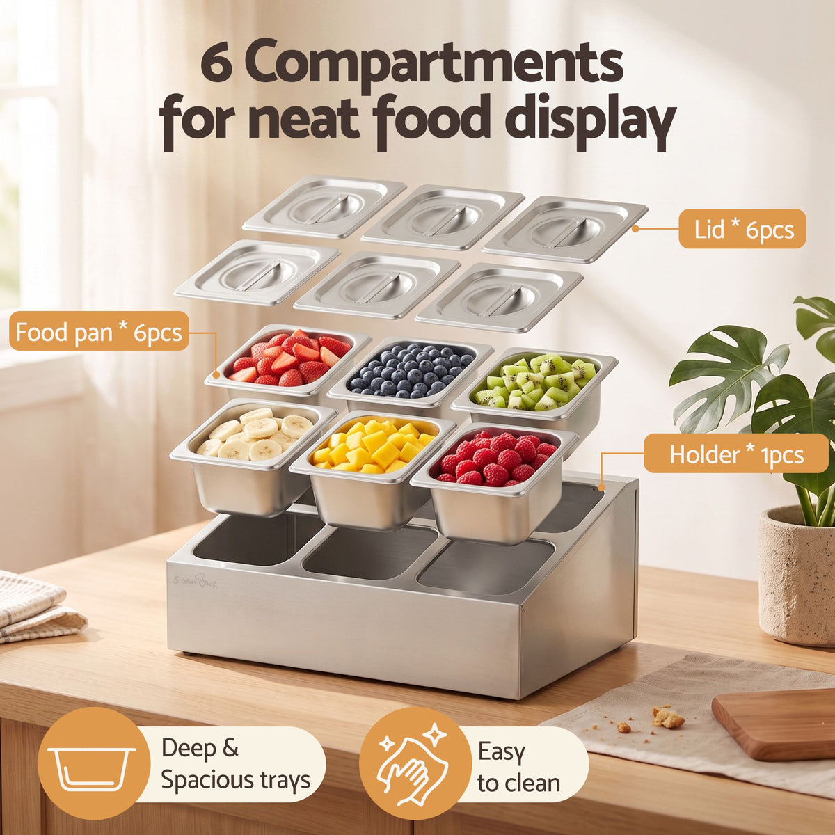 5 Star Chef 6 Pan Food Serving Container Stainless Steel Lids