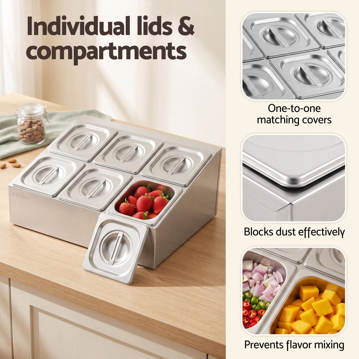 5 Star Chef 6 Pan Food Serving Container Stainless Steel Lids