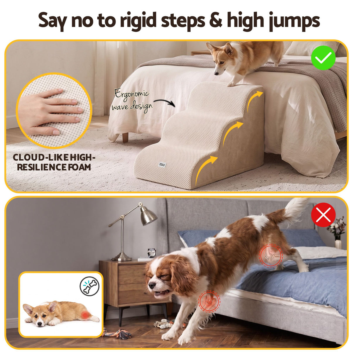 i.Pet Dog Ramp Washable Cover Stairs for Bed Sofa Foam Step Ladder 3 Tier Beige