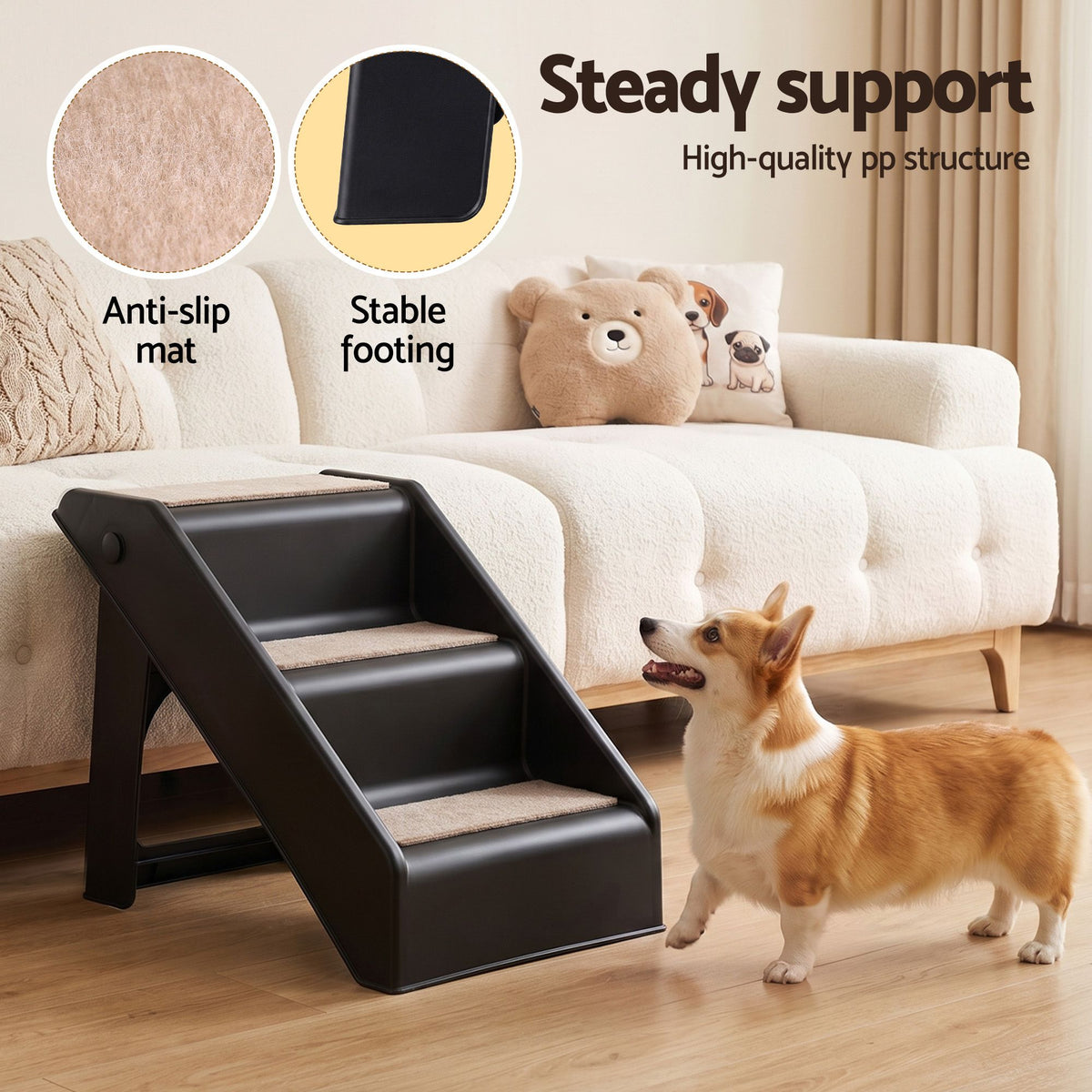 i.Pet Dog Ramp 3 Steps Pet Stairs Bed Sofa Car Foldable Portable Ladder Black