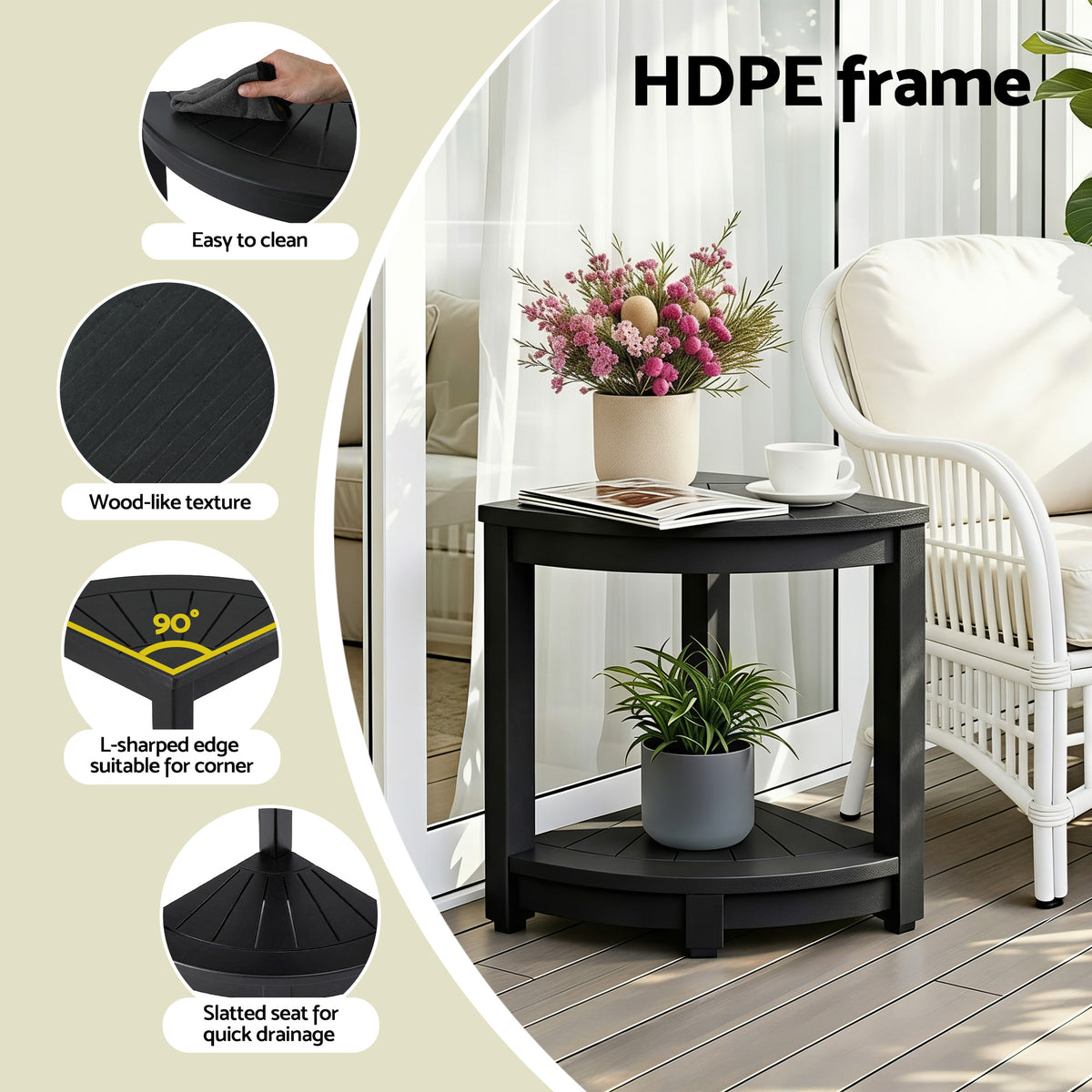 Gardeon Outdoor Coffee Side Table HDPE Desk Corner - FF-BEACH-DESK-HECOR-BK