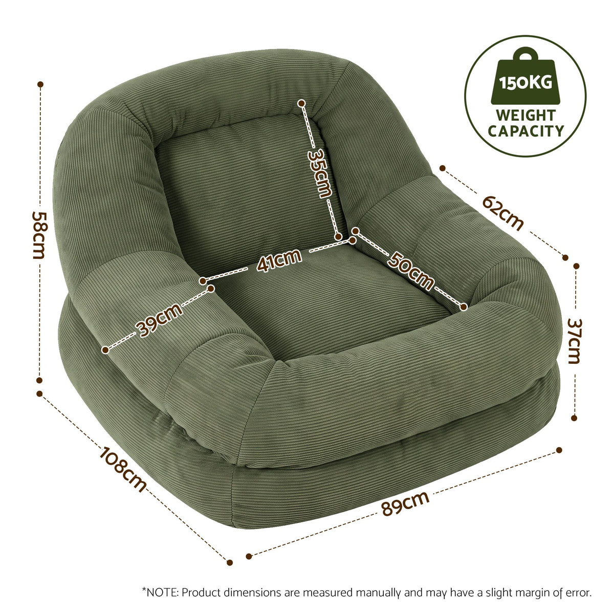 Artiss Armchair Floor Chair Couch Recliner 1 Seater Clo - FLOOR-LAZY-02CPS-1S-GN
