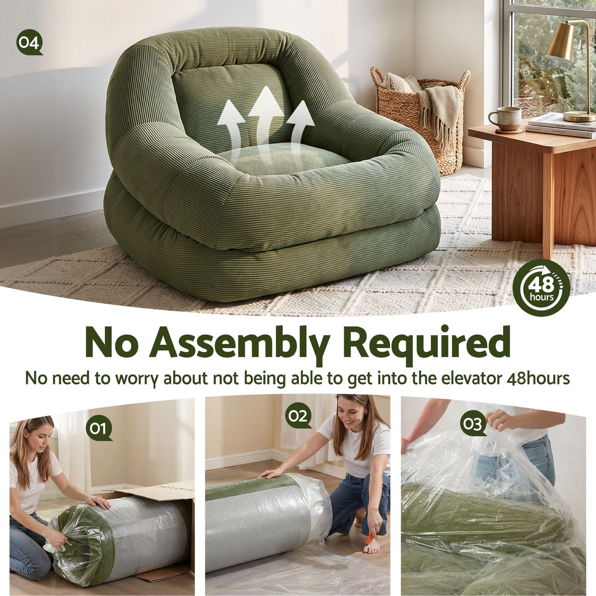 Artiss Armchair Floor Chair Couch Recliner 1 Seater Clo - FLOOR-LAZY-02CPS-1S-GN