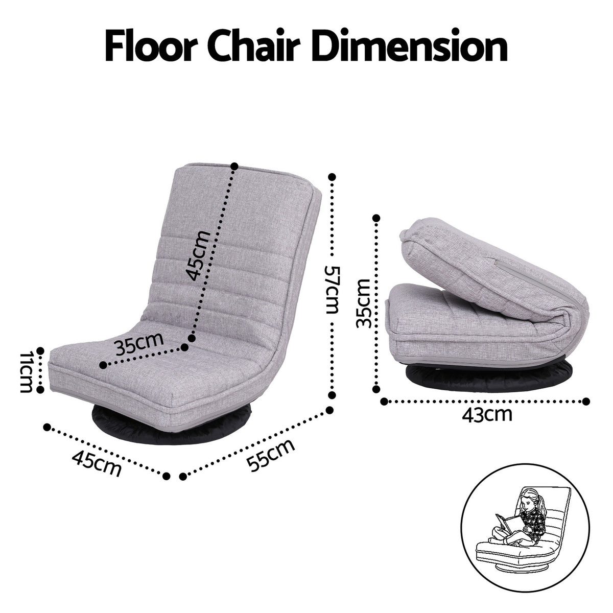 Ariss Swivel Floor Chair 360 Adjustable Foldable Lounge - FLOOR-SBL-03LIN-GY