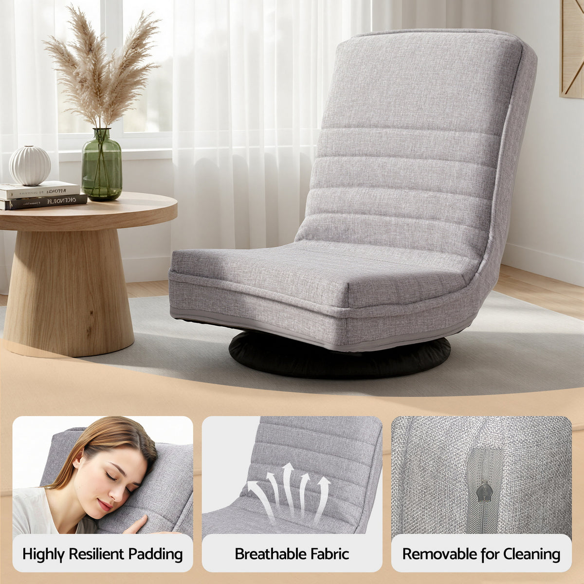Ariss Swivel Floor Chair 360 Adjustable Foldable Lounge - FLOOR-SBL-03LIN-GY