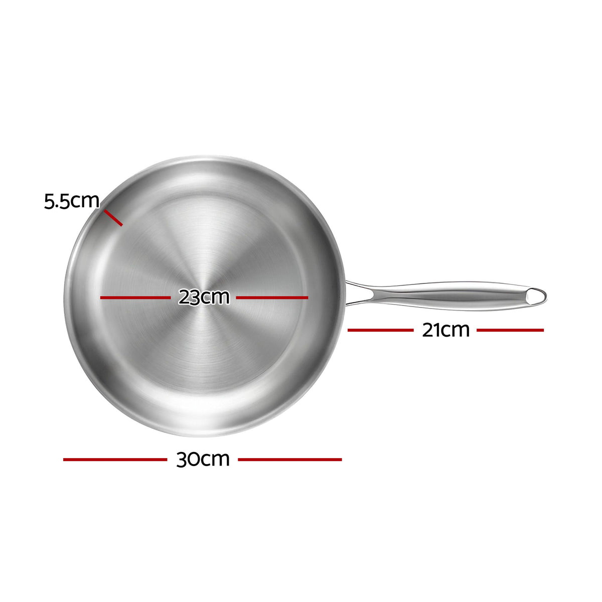5-Star Chef 30cm Stainless Steel Frying Pan Uncoated Frypan with Tri-Ply Body Silver