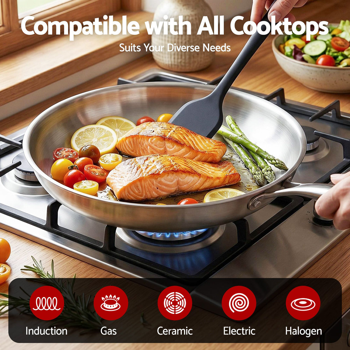 5-Star Chef 30cm Stainless Steel Frying Pan Uncoated Frypan with Tri-Ply Body Silver