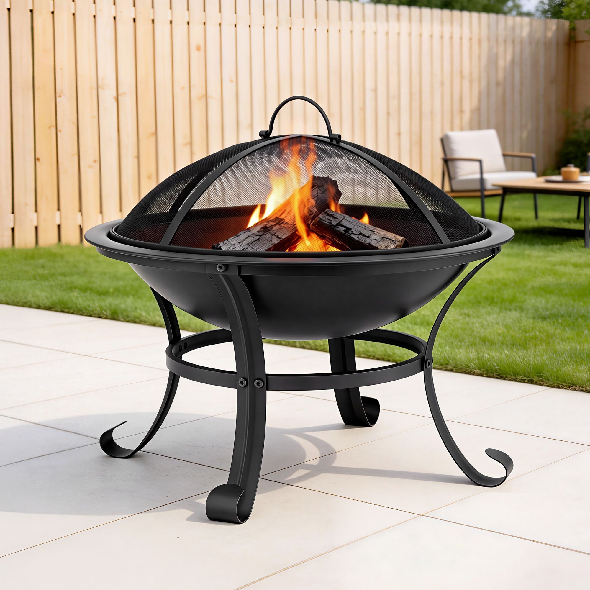Grillz Fire Pit with Mesh Lid and Fire Picker BBQ Grill - FPIT-YH-BBQ-2IN1-55