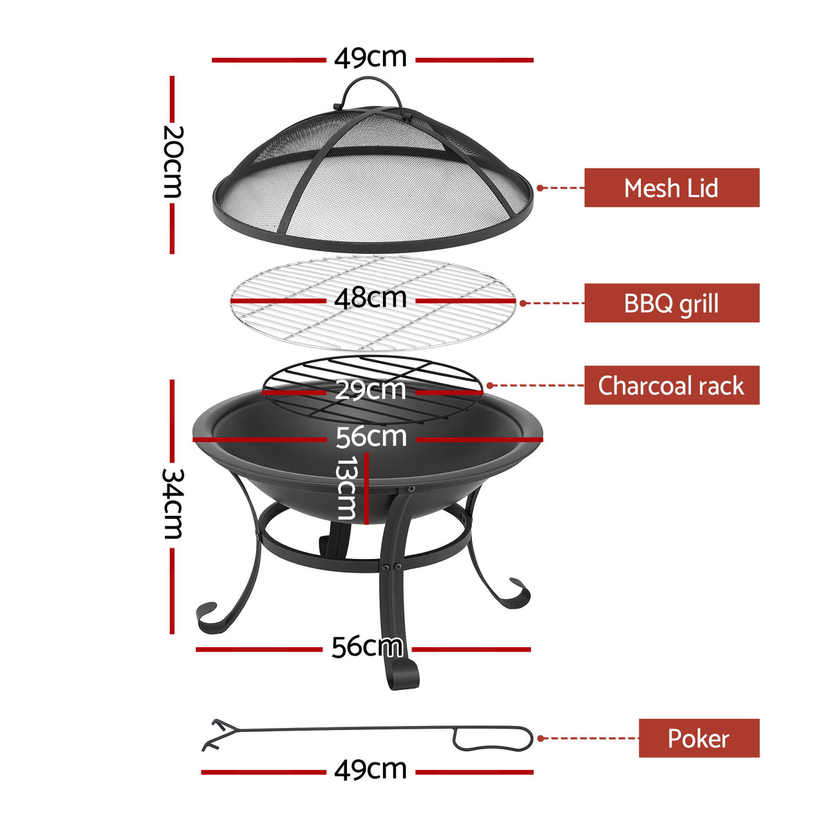 Grillz Fire Pit with Mesh Lid and Fire Picker BBQ Grill - FPIT-YH-BBQ-2IN1-55