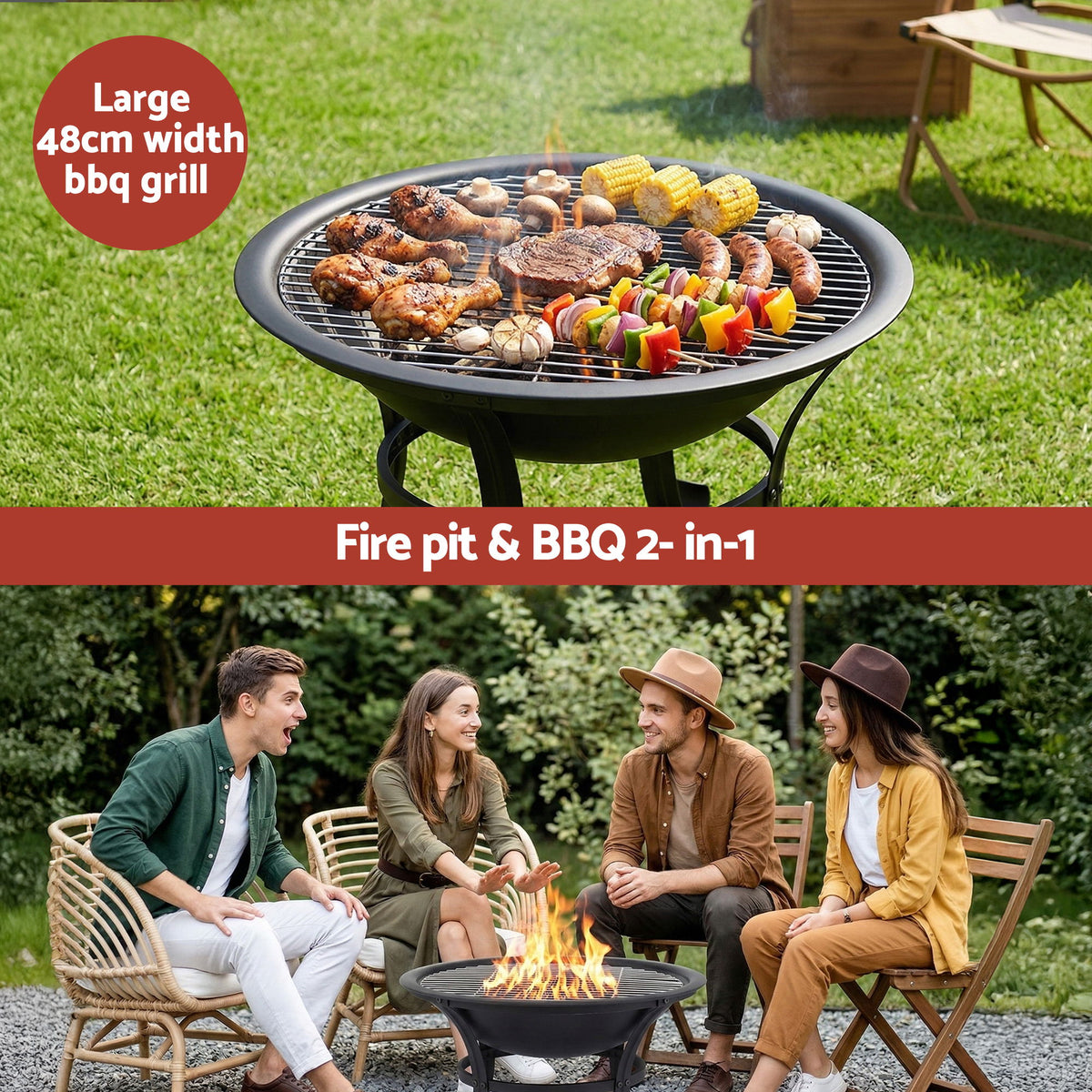 Grillz Fire Pit with Mesh Lid and Fire Picker BBQ Grill - FPIT-YH-BBQ-2IN1-55
