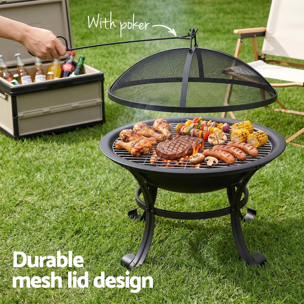 Grillz Fire Pit with Mesh Lid and Fire Picker BBQ Grill - FPIT-YH-BBQ-2IN1-55