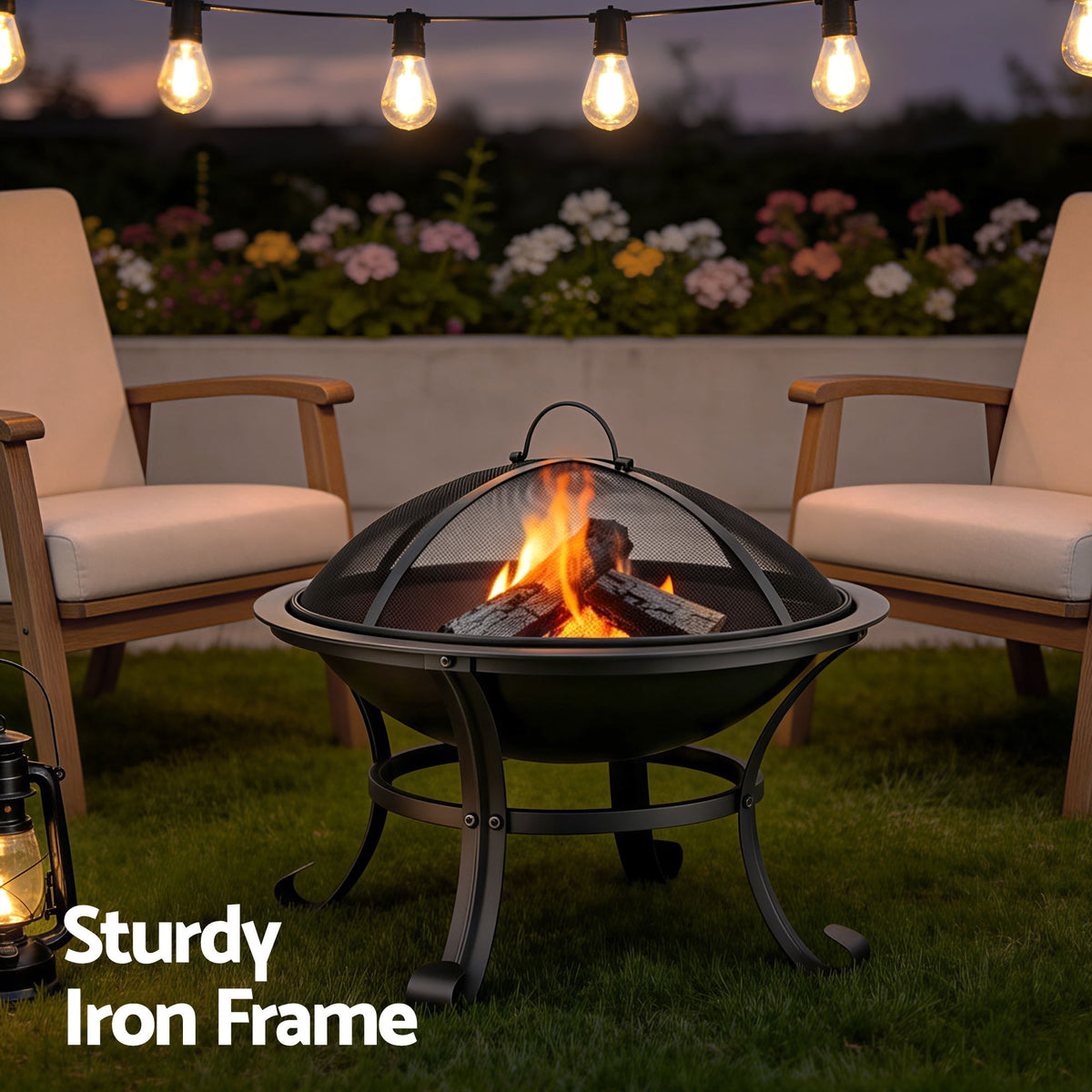 Grillz Fire Pit with Mesh Lid and Fire Picker BBQ Grill - FPIT-YH-BBQ-2IN1-55