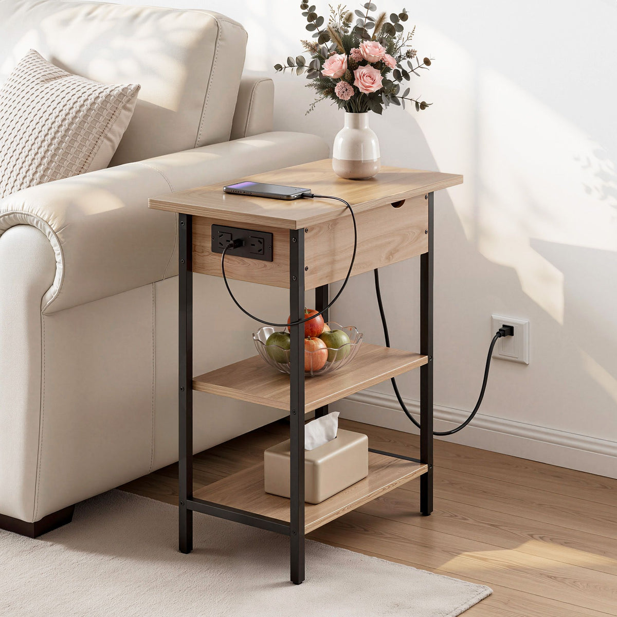 Artiss Coffee Table Side Bedside End Table Charging Station Fl - FUR-U-COF-10-WD