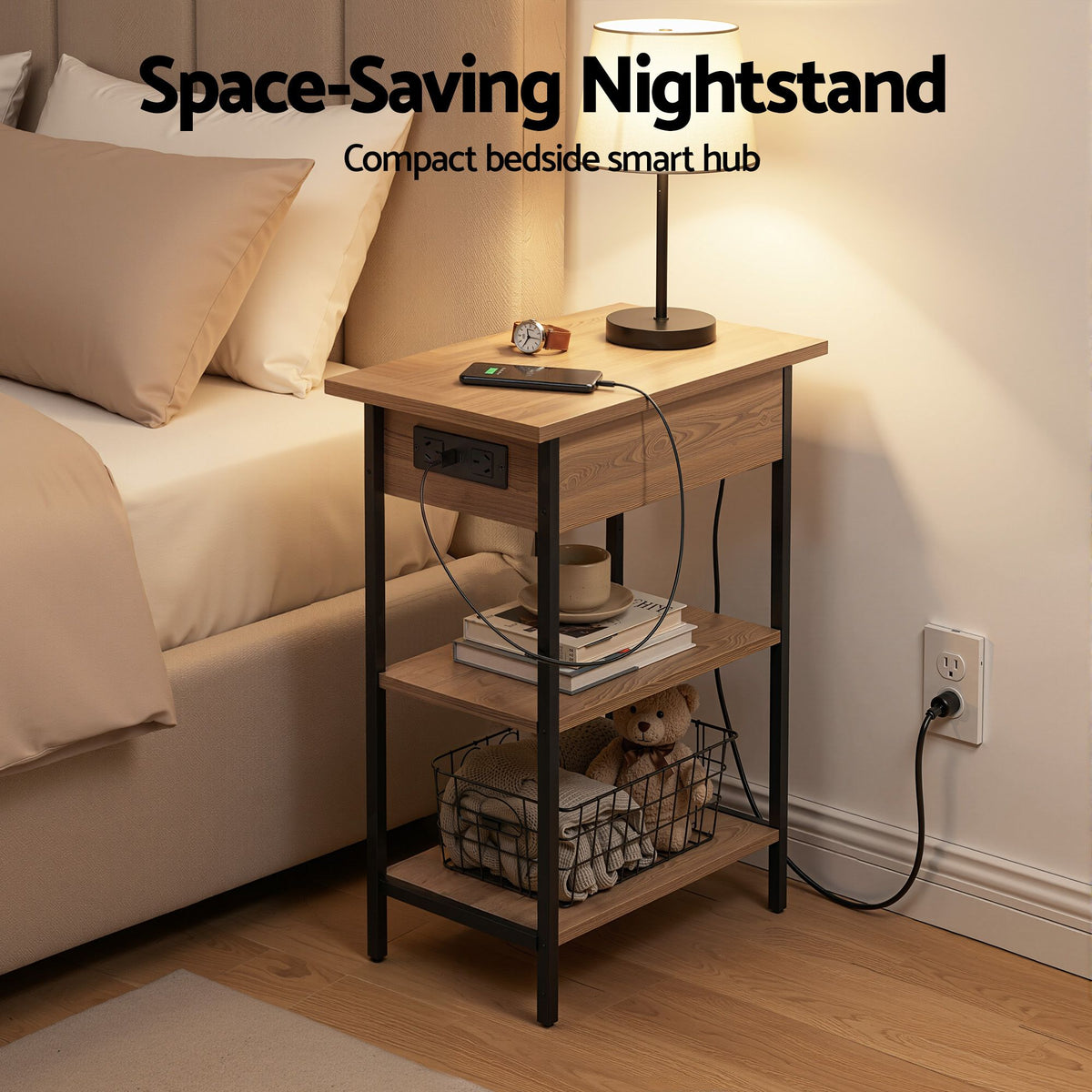 Artiss Coffee Table Side Bedside End Table Charging Station Fl - FUR-U-COF-10-WD