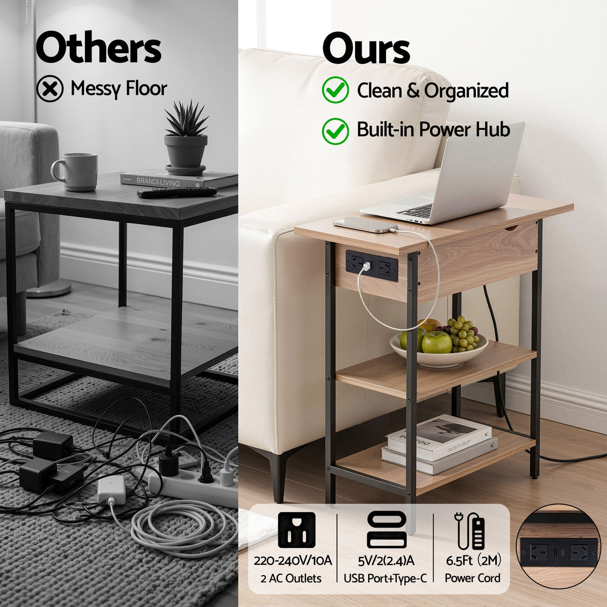 Artiss Coffee Table Side Bedside End Table Charging Station Fl - FUR-U-COF-10-WD