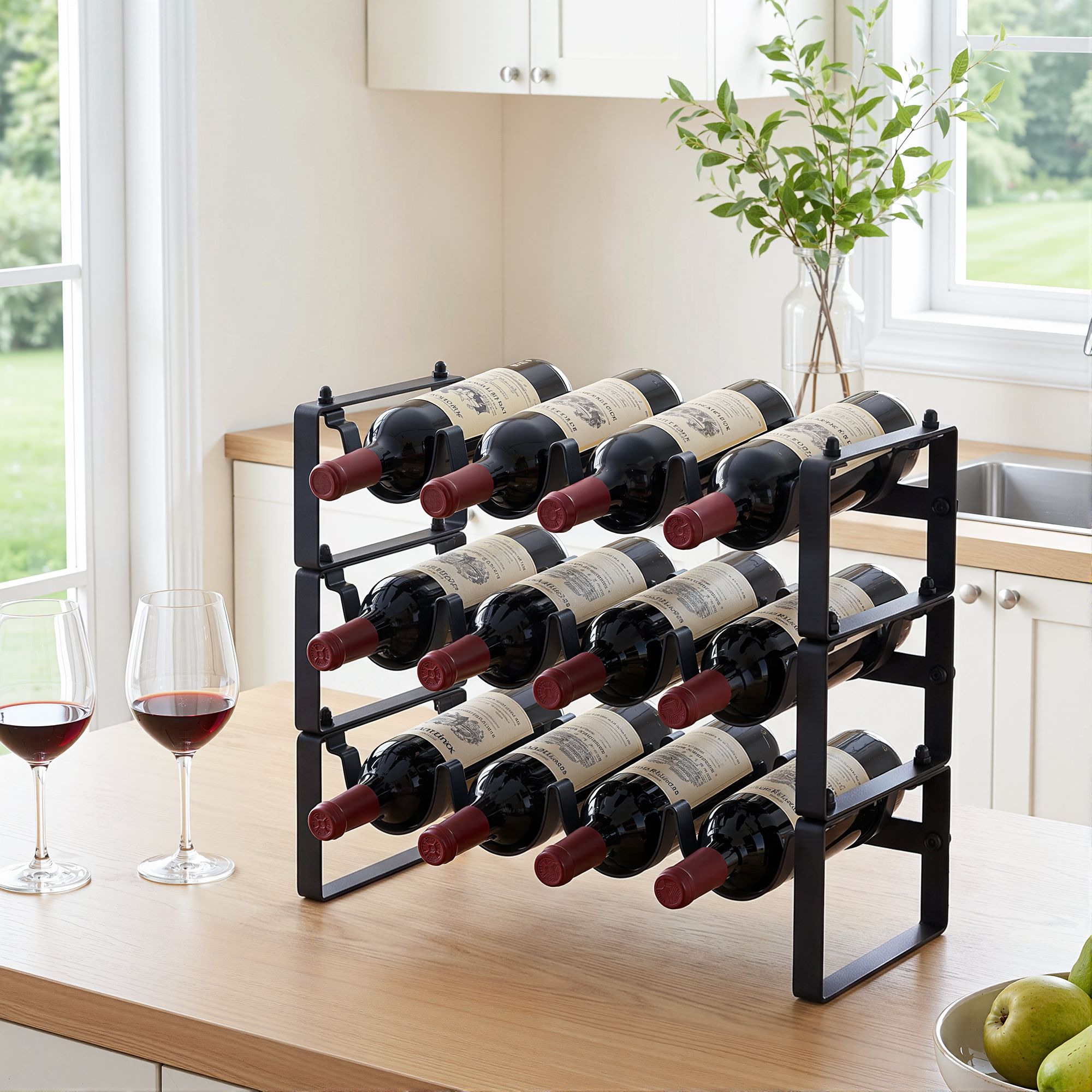 Artiss 3-Tier Wine Rack Metal Freestanding 12 Bottles Modular Countertop Wine Display Shelf Black