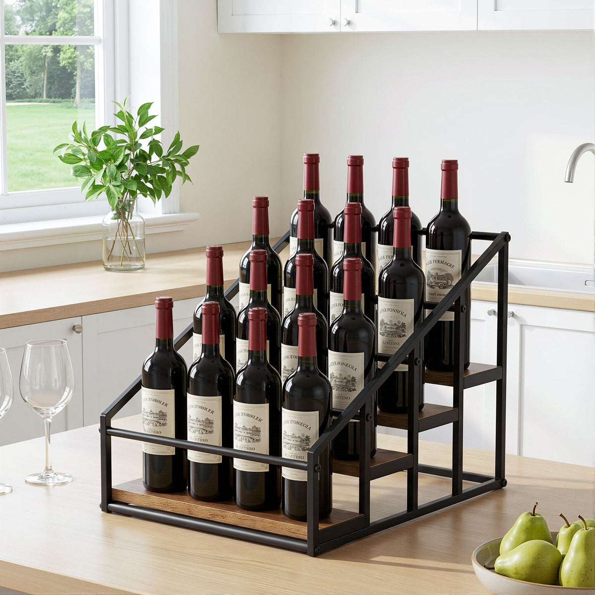 Artiss 4-Tier Wine Rack Tabletop Countertop Wine Bottle Holder 16 Bottles Freestanding Black & Wood