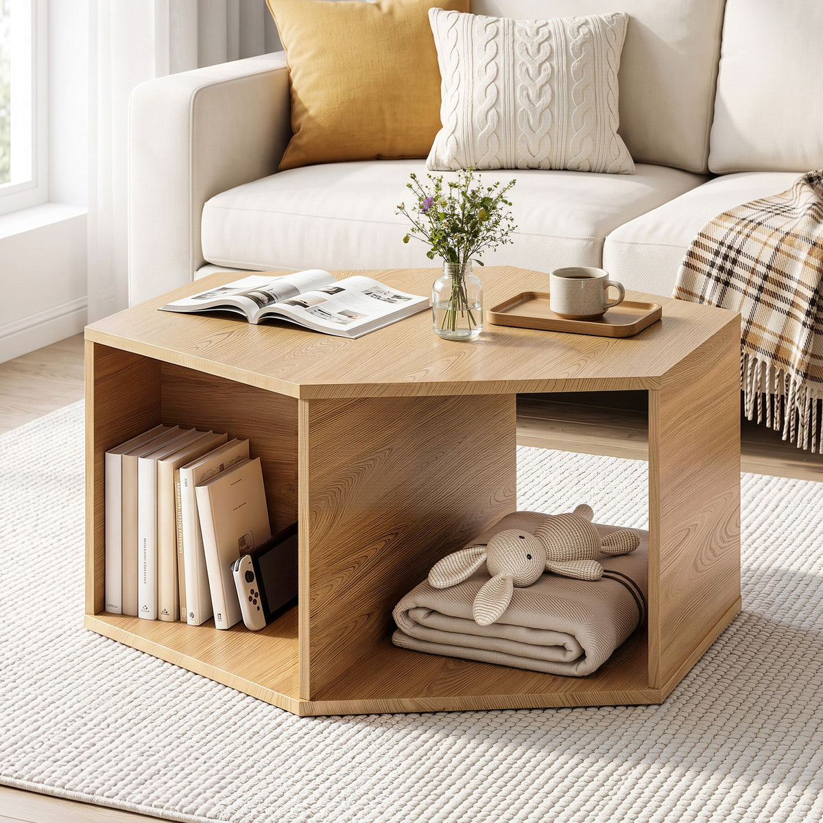 Artiss Coffee Table Hexagonal Center Table Open Storage Wood - 544495