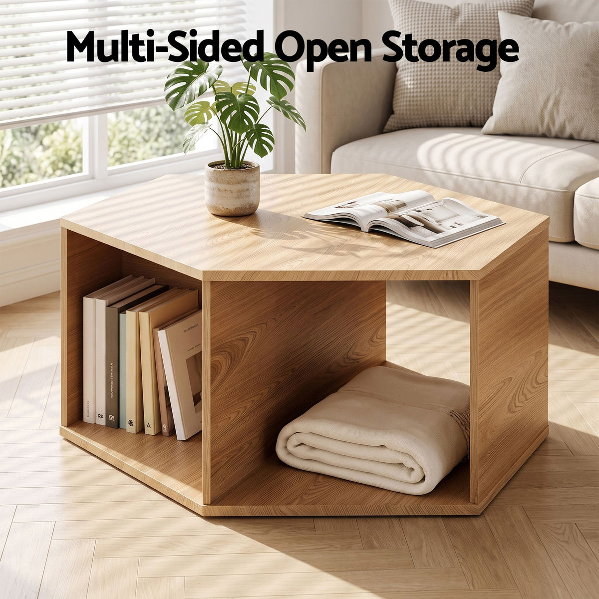 Artiss Coffee Table Hexagonal Center Table Open Storage Wood - 544495