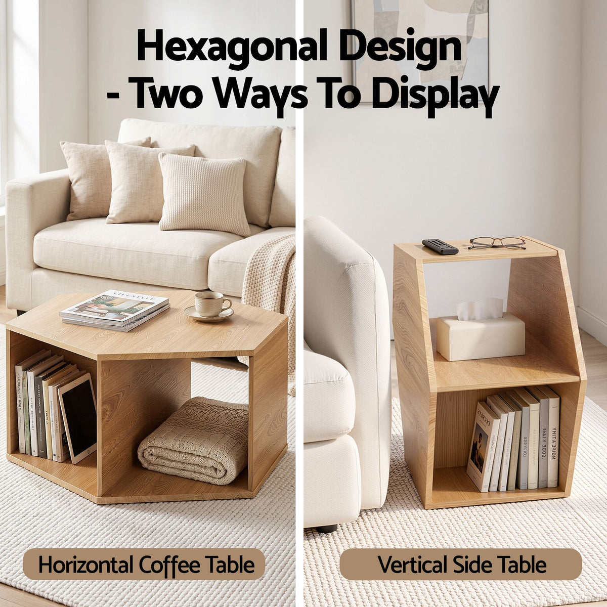 Artiss Coffee Table Hexagonal Center Table Open Storage Wood - 544495