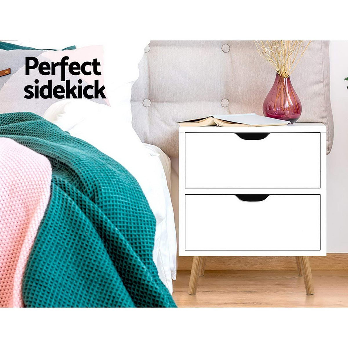 Artiss 2X Bedside Table 2 Drawers - BODEN White