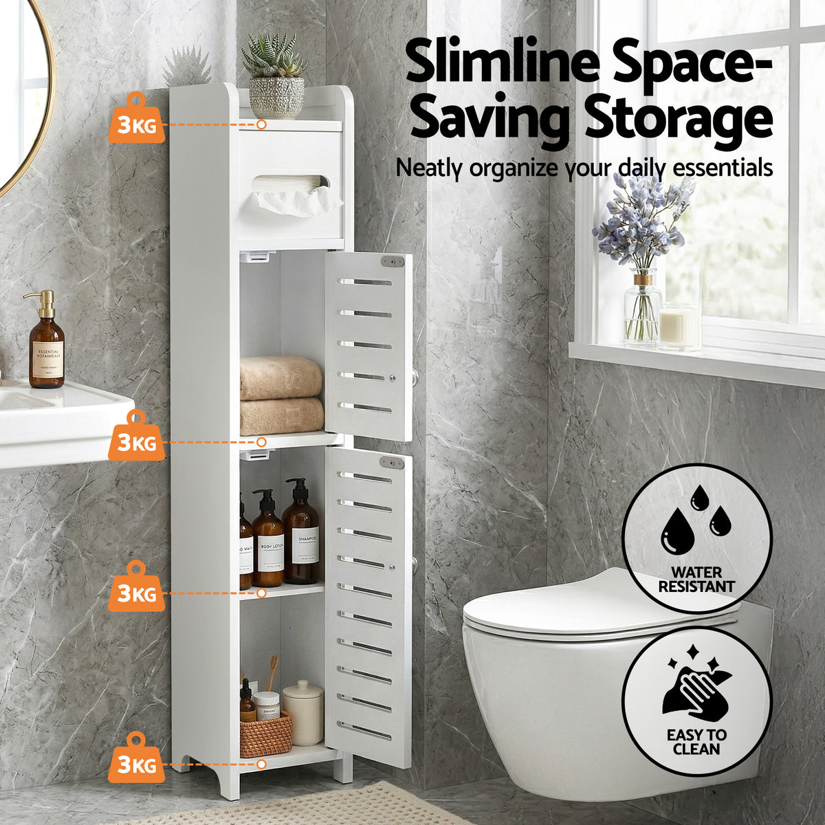 Artiss Bathroom Storage Cabinet 3-Tier Slim Toilet Paper Holder Organizer White