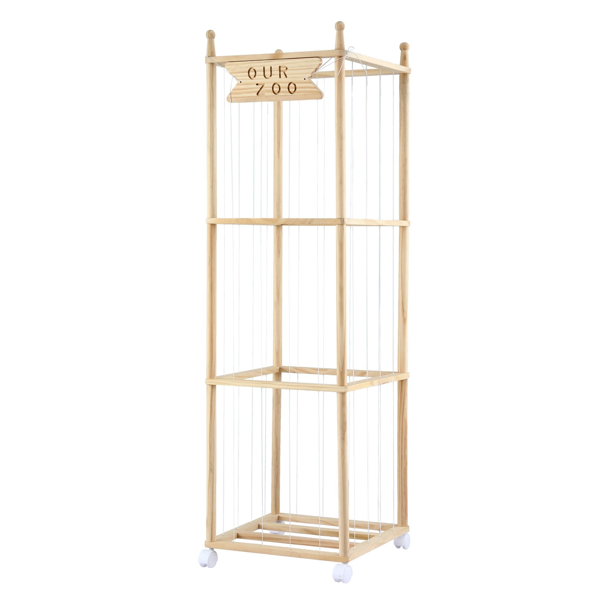 Keezi Stuffed Animal Storage Wooden Toy Holder with Wheels Soft Toy Storage Zoo Cage Stuffy Toy Storage Organizers with Elastic Cords for Playroom Bedroom Nursery