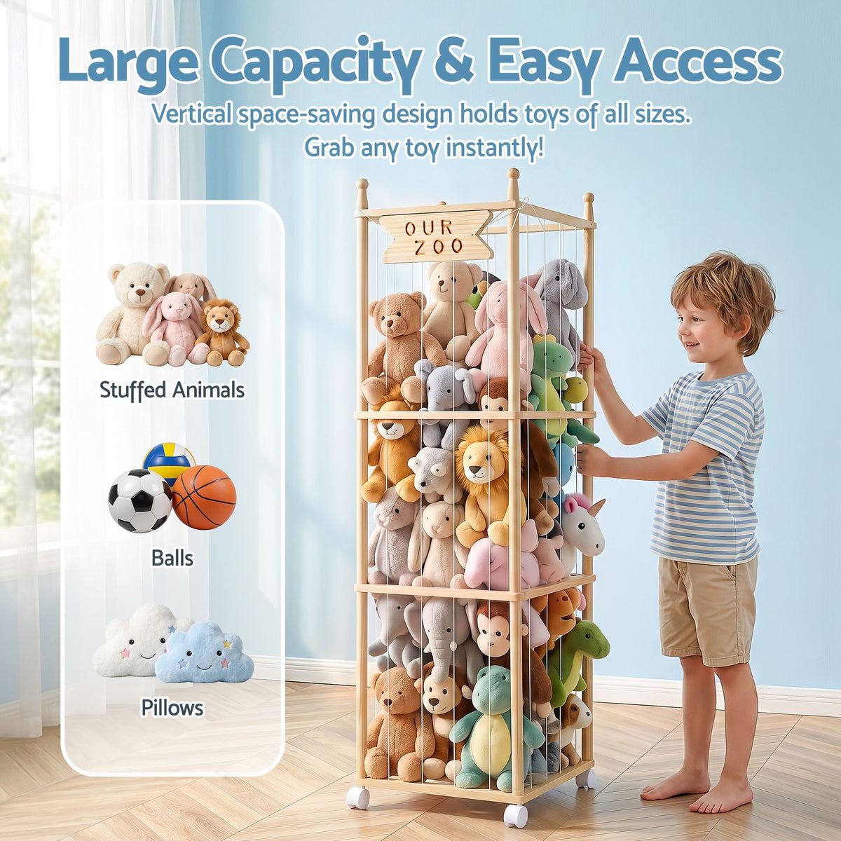 Keezi Stuffed Animal Storage Wooden Toy Holder with Wheels Soft Toy Storage Zoo Cage Stuffy Toy Storage Organizers with Elastic Cords for Playroom Bedroom Nursery
