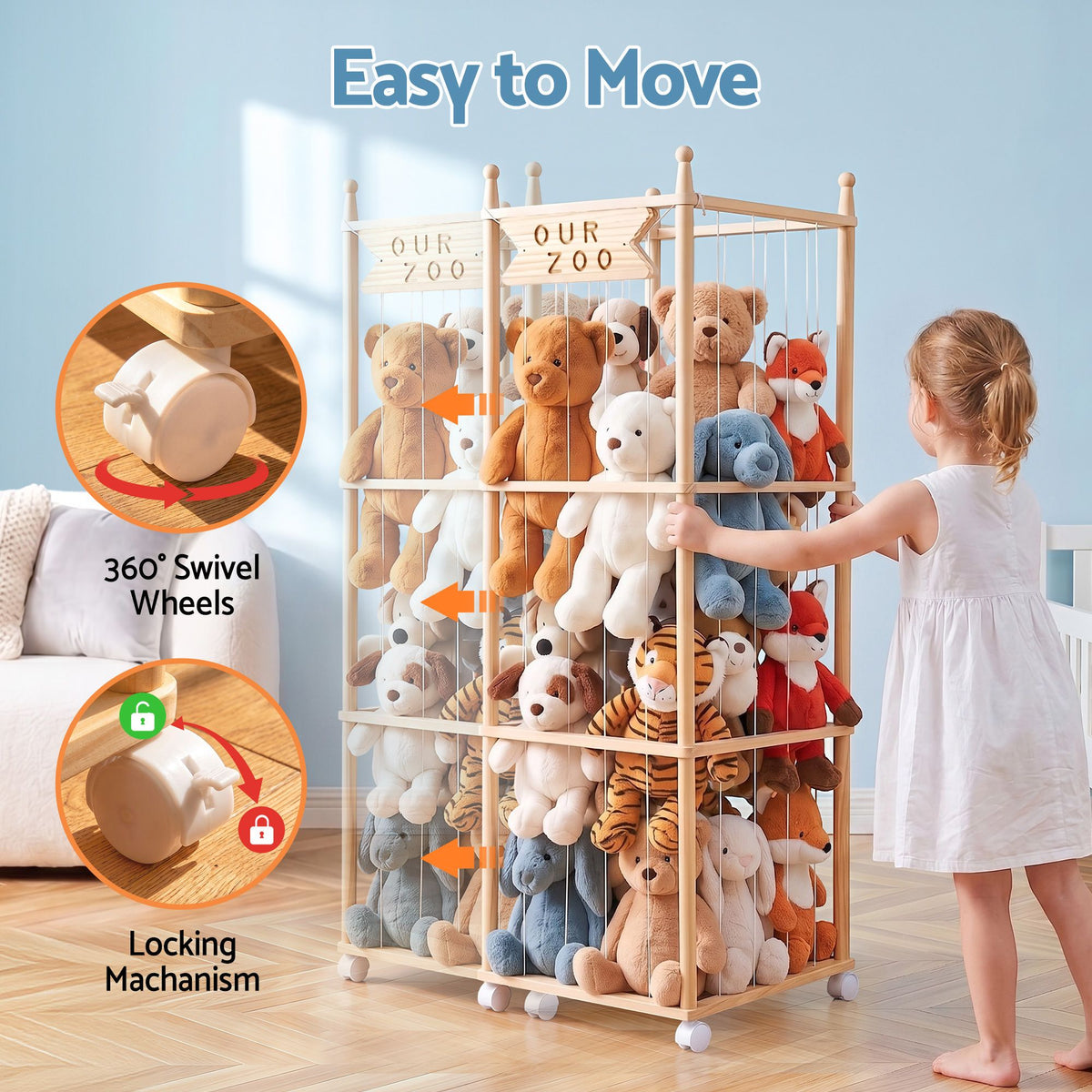 Keezi Stuffed Animal Storage Wooden Toy Holder with Wheels Soft Toy Storage Zoo Cage Stuffy Toy Storage Organizers with Elastic Cords for Playroom Bedroom Nursery